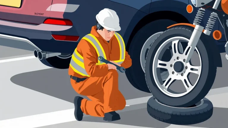 Žlté zásahové vozidlo Diaľničnej patroly so svetelnou signalizáciou kryje odstavené auto v odstavnom pruhu