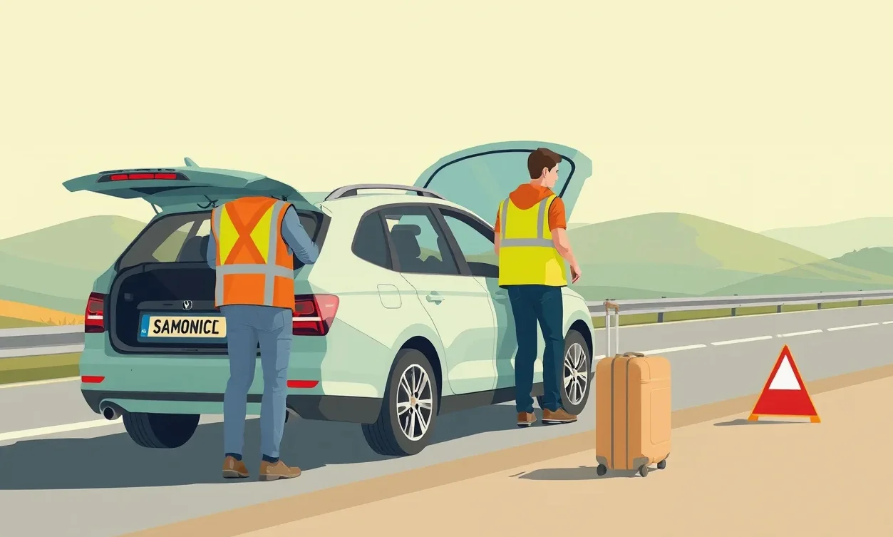 Odťahová služba nakladá nepojazdný osobný automobil na korbu pri diaľnici