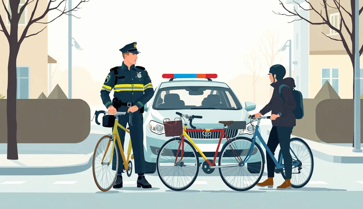 Dopravná polícia a vodič dokumentujúci poistnú udalosť s cyklistom na parkovisku