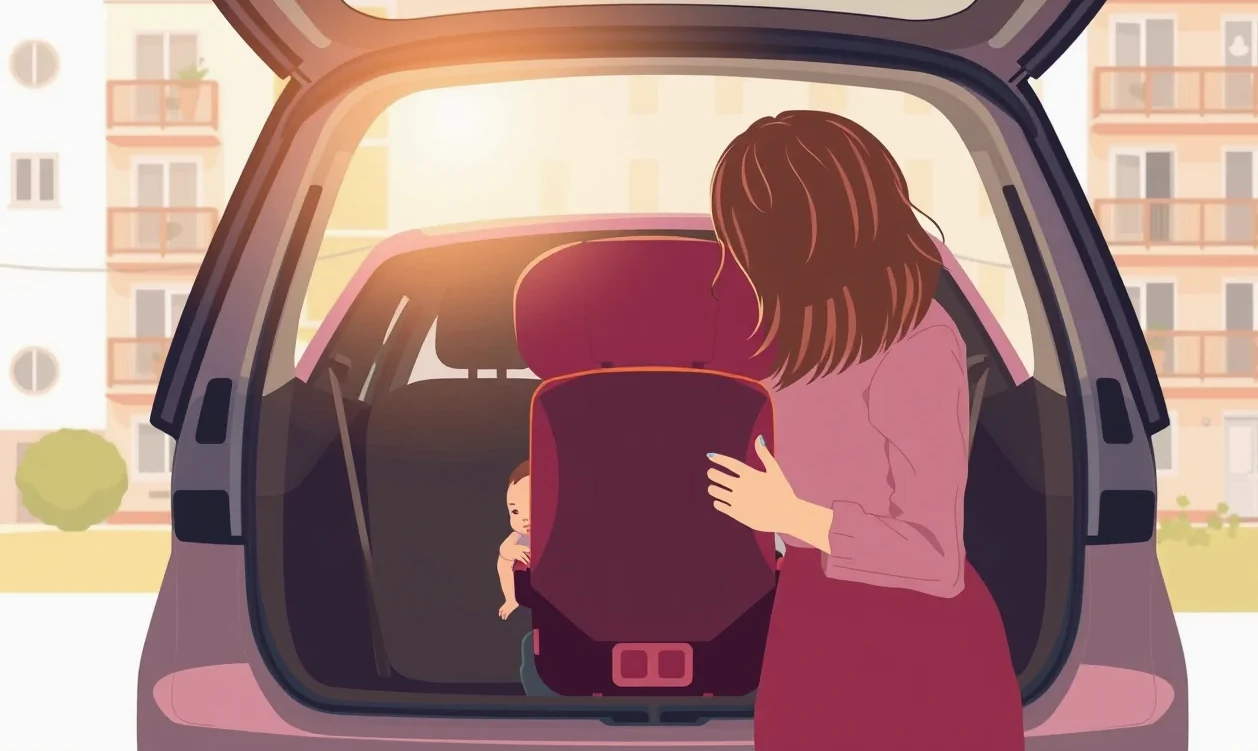Rodičia inštalujú detskú autosedačku so systémom isofix do rodinného automobilu