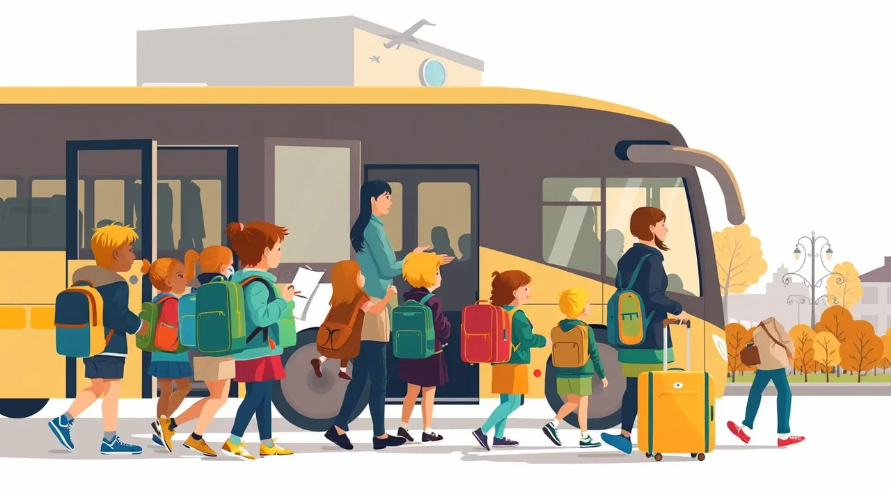 Zodpovedný vedúci kontroluje zoznam účastníkov pred nástupom do autobusu