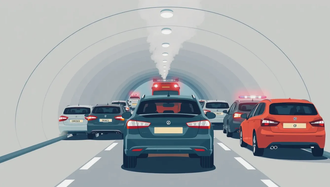 Hasičské a policajné vozidlá so zapnutými majákmi pred vjazdom do diaľničného tunela