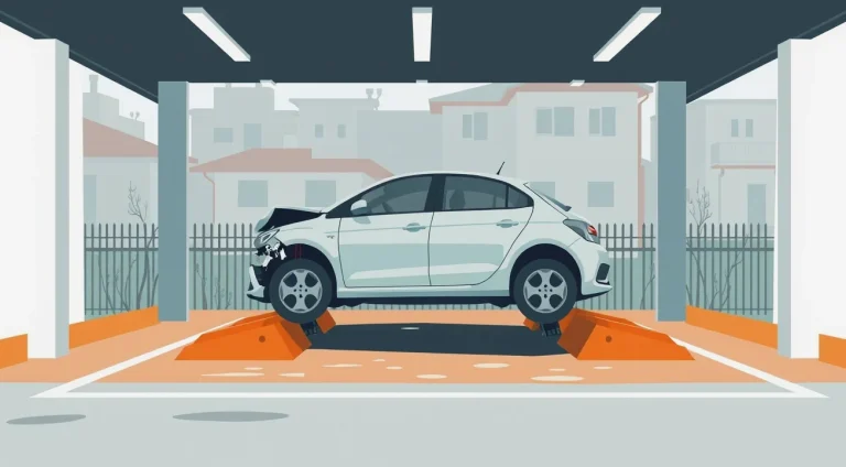Mechanik v autoservise kontroluje poškodené výfukové potrubie a uchytenie katalyzátora na zdviháku