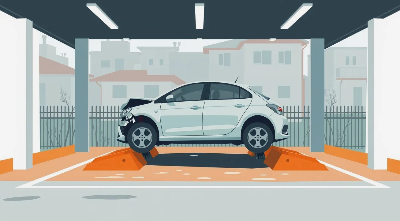 Mechanik v autoservise kontroluje poškodené výfukové potrubie a uchytenie katalyzátora na zdviháku