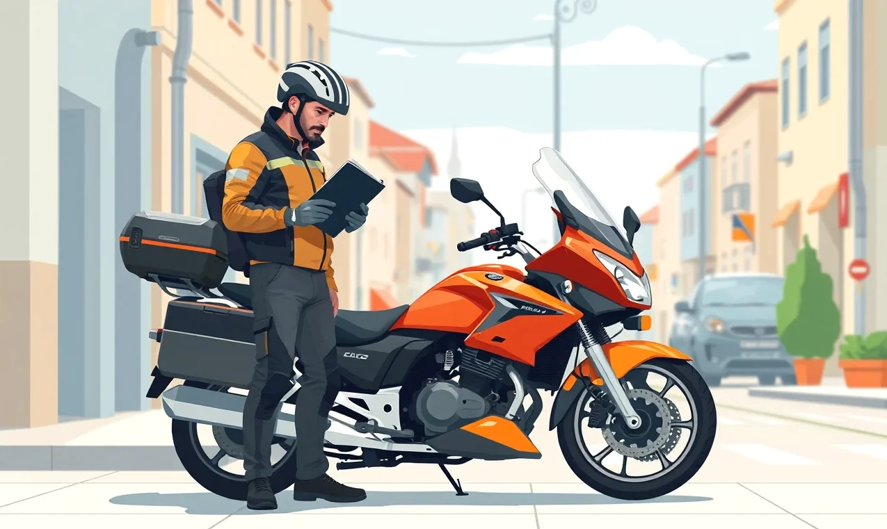 Technik na stanici technickej kontroly kontroluje stav brzdového systému motocykla