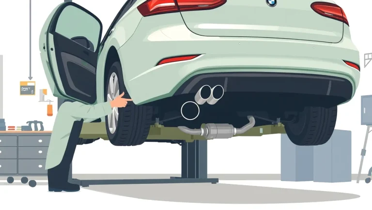 Mechanik v autoservise kontroluje poškodené výfukové potrubie a odrezané lambda sondy pod zdvihnutým autom