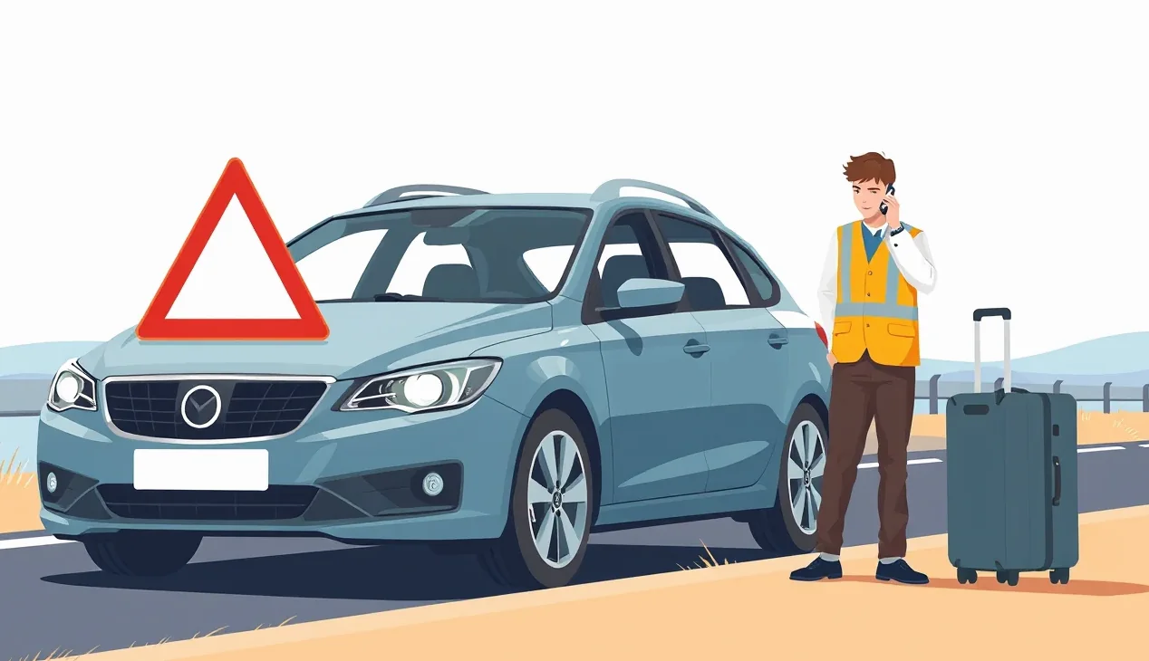 Osobné auto stojace na odstavnom páse diaľnice s výstražným trojuholníkom