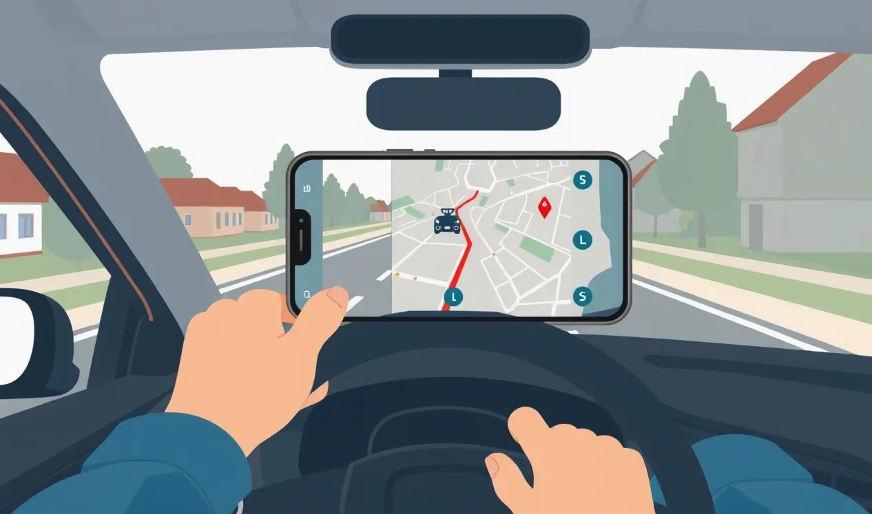 Vodič sleduje trasu na mobilnom telefóne upevnenom v držiaku na palubnej doske auta