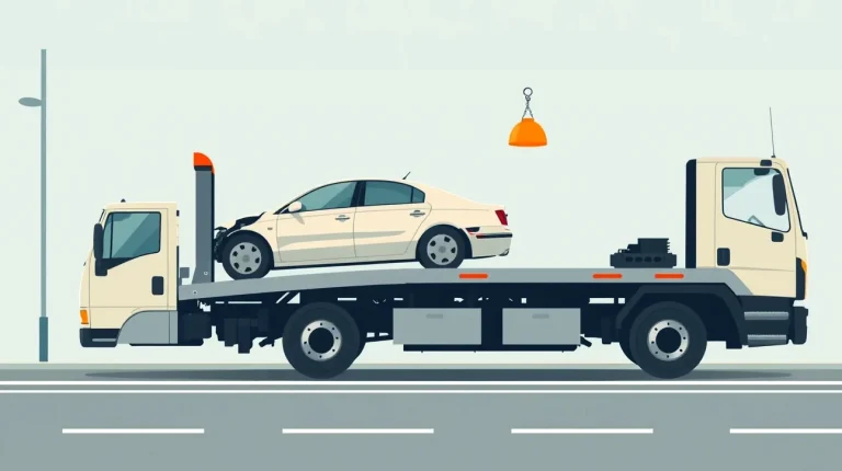 Žlté odťahové vozidlo nakladá nepojazdné osobné auto na hydraulickú plošinu pri krajnici