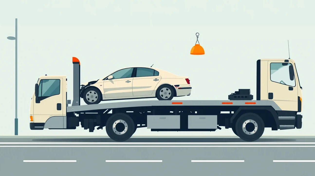 Žlté odťahové vozidlo nakladá nepojazdné osobné auto na hydraulickú plošinu pri krajnici