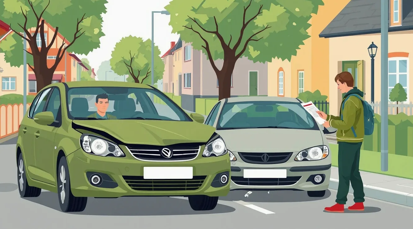 Starší vodič kontroluje poistnú zmluvu na kapote osobného auta pred domom