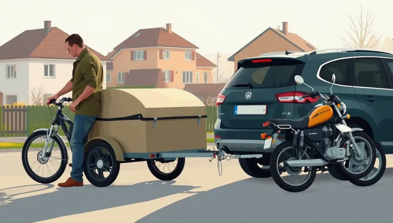 Malý nebrzdený prívesný vozík naložený stavebným materiálom za osobným autom