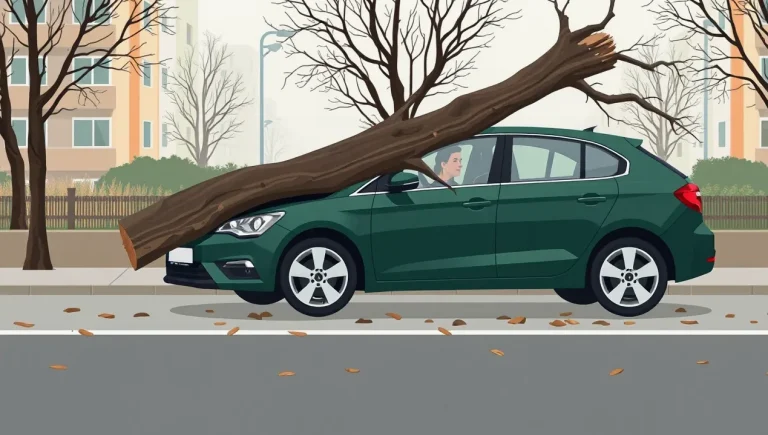 Osobný automobil s preliačenou strechou po páde hrubého konára na parkovisku