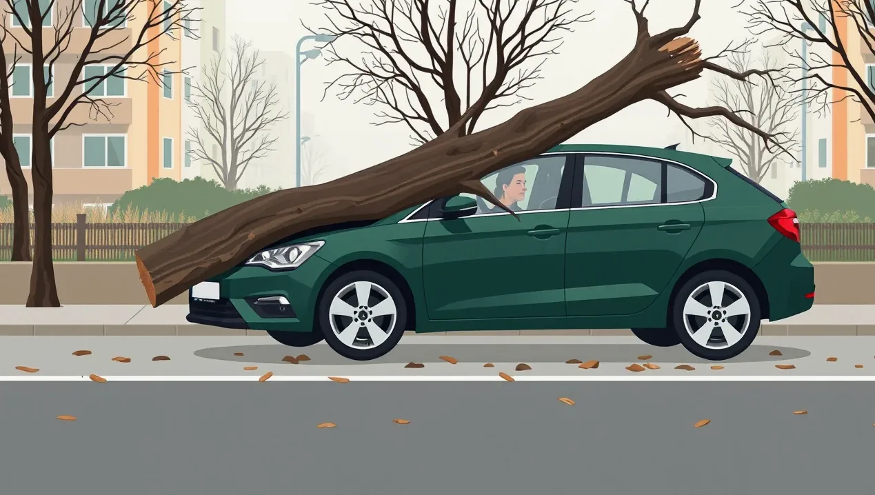 Osobný automobil s preliačenou strechou po páde hrubého konára na parkovisku