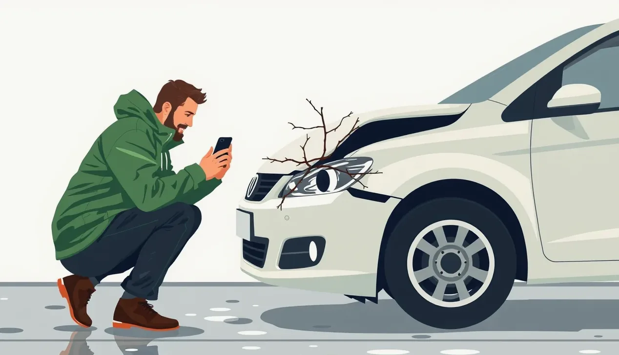 Hasič v zásahovom odeve odstraňuje motorovou pílou spadnutý kmeň stromu z kapoty auta