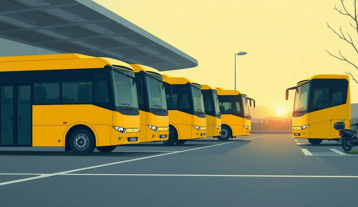 Pohľad na moderný linkový autobus stojaci na nástupišti autobusovej stanice