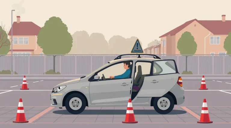 Inštruktor autoškoly vysvetľuje žiakovi ovládanie výcvikového vozidla na parkovisku