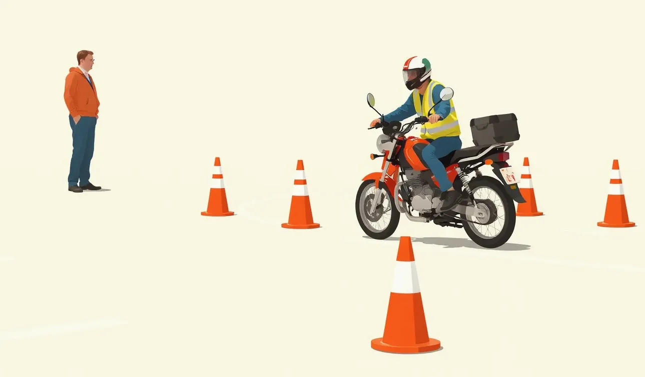 Žiak autoškoly na výcvikovom motocykli pri jazde cez kužele na cvičisku