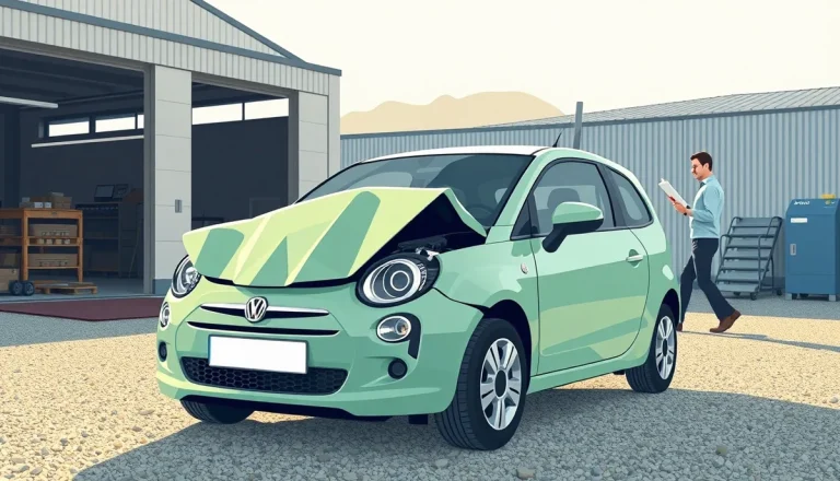 Pracovník autoservisu preberá poškodené vozidlo a kontroluje rozsah škôd na karosérii